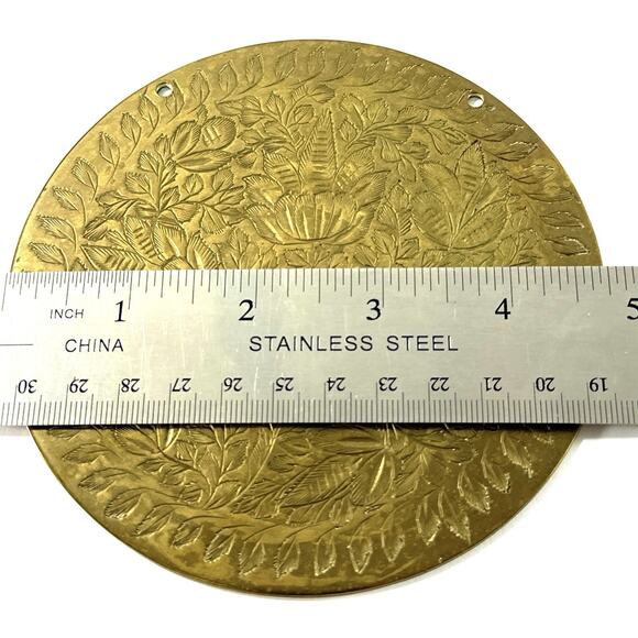 Vintage Hand Engraved Brass Floral Wall Plate 4.75”Round Decorative Trivet India - Picture 3 of 3